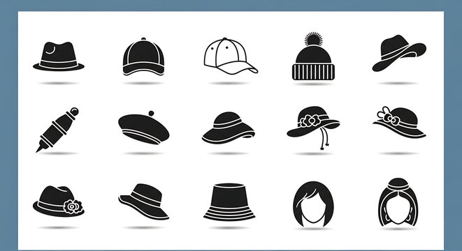 Hyper-Realistic Minimal Hats and Headwear Icon Set - Flat Vector Collection of Fedora, Baseball Cap, Beanie, Sun Hat, Beret, Bucket Hat, and Fascinator on a Dusty Blue Background