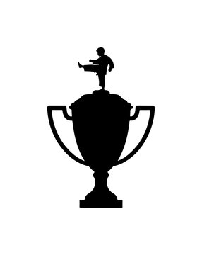 Black silhouette of a trophy with a martial artist on top, vector icon