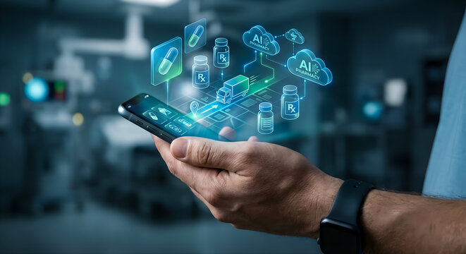 Person Using Smartphone for AI Pharmacy and Medicine Delivery Service, Smart Healthcare and Digital Prescription Concept
