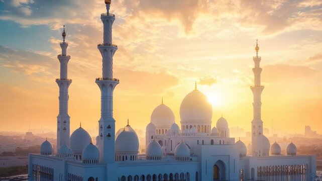 Majestic mosque stands under a colorful sunset with minarets and domes reflecting golden hues