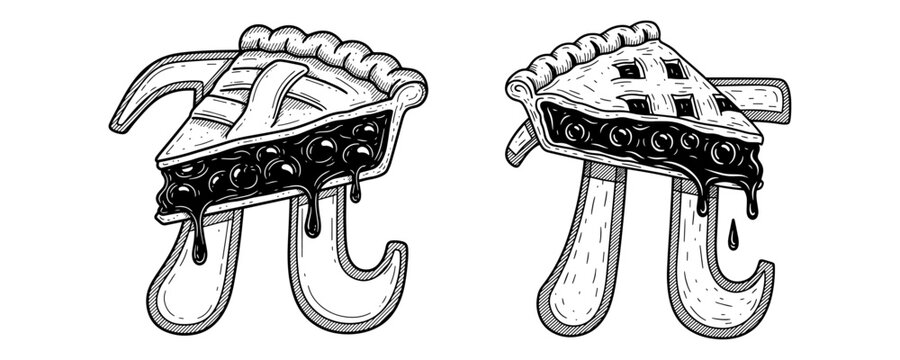 Funny Pi Day Cherry Pie Slice Math Geek and Science Humor Outline Vector Set