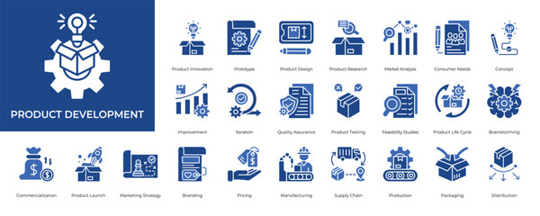 Product Development Icon set Collection in Glyph Two Color Style. innovation, prototype, design, research, analysis, consumer