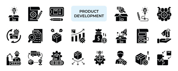 Product Development Icon set Collection in Solid Glyph Style. innovation, prototype, design, research, analysis, consumer