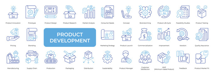 Product Development Icon set Collection in Line Two Color Style. innovation, prototype, design, research, analysis, consumer