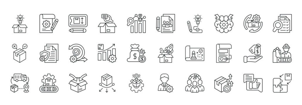 Product Development Icon set Collection in Line Style. innovation, prototype, design, research, analysis, consumer