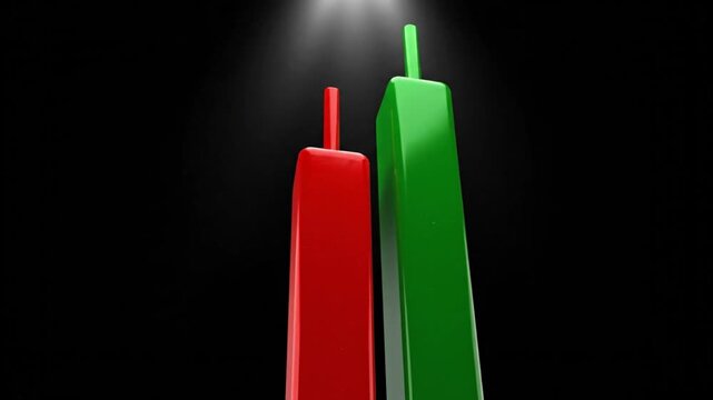 A clean, high-quality 3D animation of red and green candlestick charts rising against a solid black background under a spotlight. This minimalist visualization focuses on market trends, financial grow