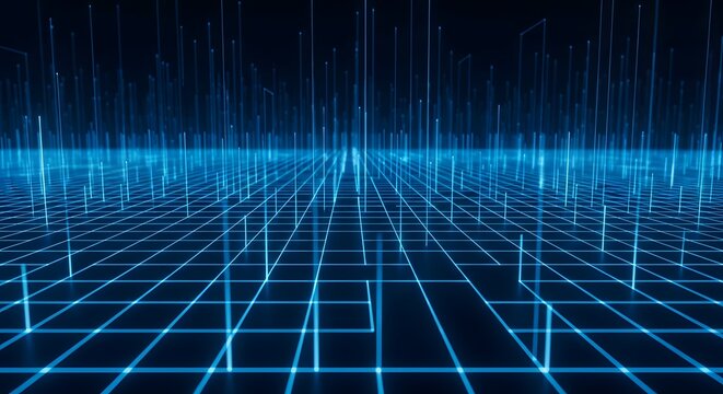Futuristic Blue Digital Grid Background with Vertical Data Lines