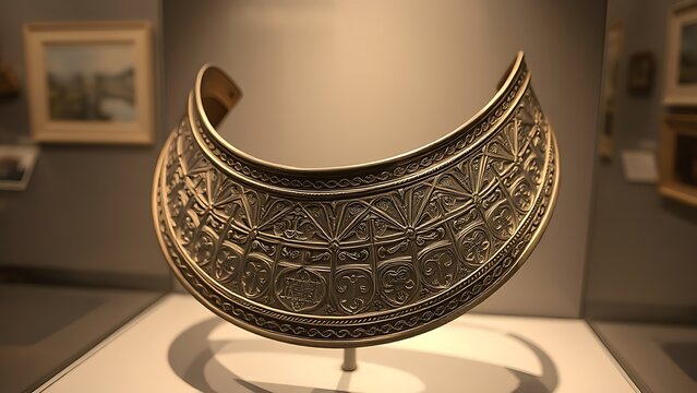 accuser. Polished steel gorget with etched patterns displayed in a museum showcase. event programs, museum guides, designed for cultural heritage projects and event programs.
