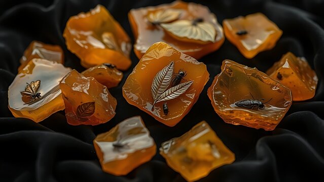 copal. Several raw amber copal resin pieces on black velvet with ancient inclusions. gardening catalogs, home-decor guides, designed for home decor and floral branding, used by video editors.