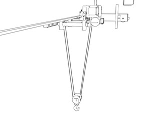 Industrial Overhead Crane System Line Art: Blueprint-style Vector Illustration of Hoist, Trolley and Hook for Heavy Lifting, Manufacturing, Logistics, and Engineering Concepts. Isolated on White.