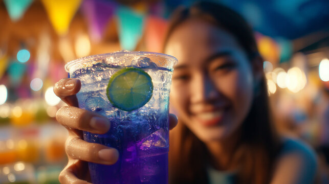 Woman enjoying food at a fair in Surat, Thailand, holding a refreshing drink