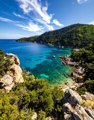 Obraz premium A serene coastal scene with turquoise water and lush greenery (1)