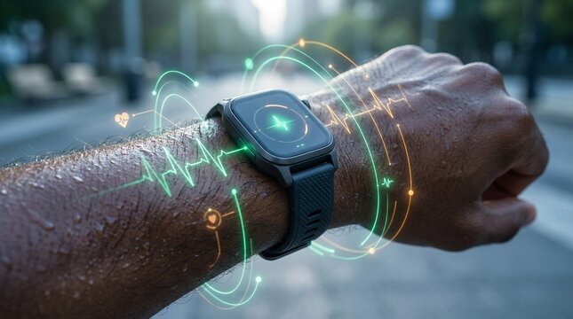 Proactive Biometric Monitoring: Holographic Vital Signs Wrapping Around Athlete's Wrist with Smartwatch