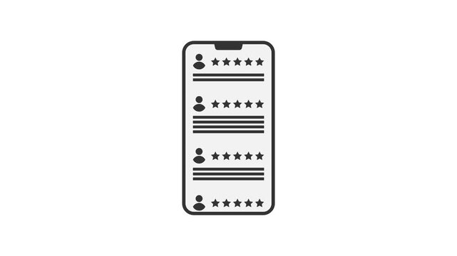 Business customers reviews customer testimonials 5 star reviews on a smartphone screen sliding up good business reputation concept  minimal motion graphics clip black and white
