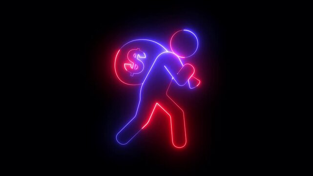 glowing neon carrying money bag icon isolated on black background. person icon struggling to carry a money bag with dollar sign, representing debt and financial burden. 4k video animation.