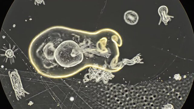 Detailed amoeba microscope view showcasing intricate cellular structures and pseudopods in motion, revealing microscopic life and biological processes in a scientific research context