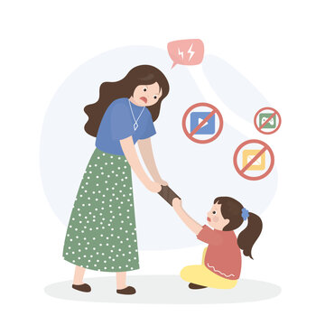 Mom tries to take away her daughter smartphone. Child for cell phone addiction. Young girl addicted to technology receives scolding from mother. Bad habit,