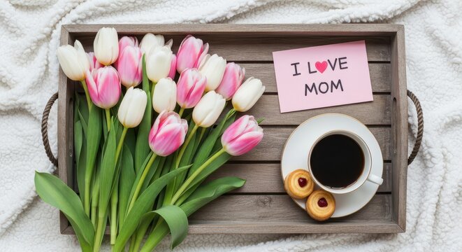 I love mom message with tulips, coffee, and cookies on a tray