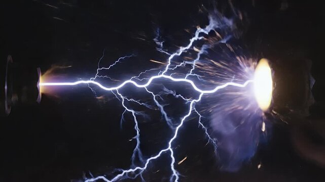 Intense bright electrical discharge arc with sparks against a dark background