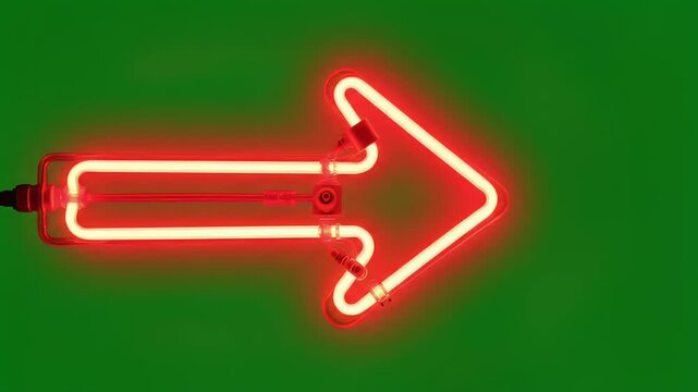 A bright red neon arrow points to the right against a deep green background