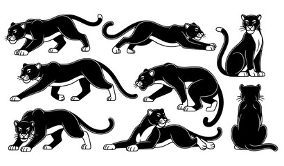 Black and White Cartoon Panther Characters Vector Set in Dynamic Wild Cat Poses Isolated on White Background © Shahonas