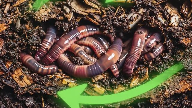 Closeup Of Composting Worms And Layers. Earthworms In Compost Showing Layers And Nutrient Flow. Closeup Of Earthworms Within Compost Indicating Nutrient Cycling And Organic Layering Process