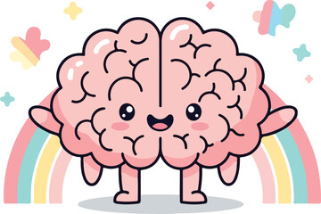 Naklejka premium A cheerful brain character with a smile stands in front of a vibrant rainbow, evoking feelings of creativity and inspiration.