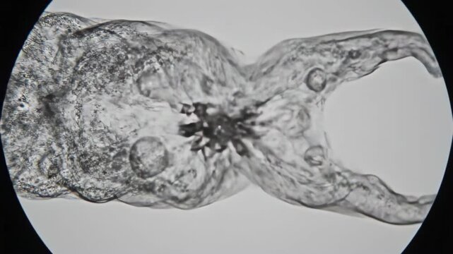 Close-up microscopic view of a single-celled amoeba engulfing food particles, showcasing internal organelles and cellular structures in a dynamic biological process, amoeba microscope
