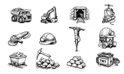 Hand-drawn black and white illustration set of mining and construction equipment featuring dump truck, excavator, mine tunnel, oil pumpjack, tools, safety gear, and materials. Detailed vintage sketch 