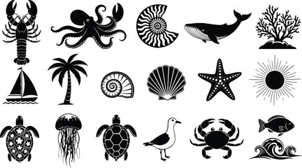Large collection of marine life and nautical silhouettes featuring lobster octopus whale sea turtles starfish coral and coastal summer elements. © ARIFUL