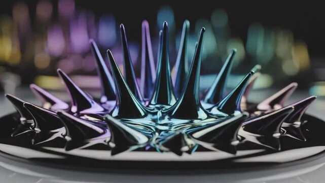 Abstract iridescent ferrofluid peaks dancing to music on black background