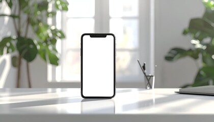 Smartphone with blank screen on a clean white desk, window, and plants in the background