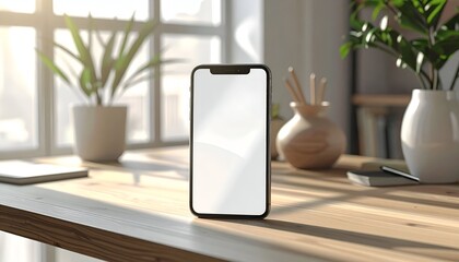 A smartphone with a blank screen sits on a wooden desk, surrounded by plants and natural light