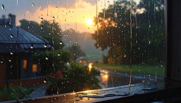 A rainy window view showcasing a sunset over a quaint street and countryside