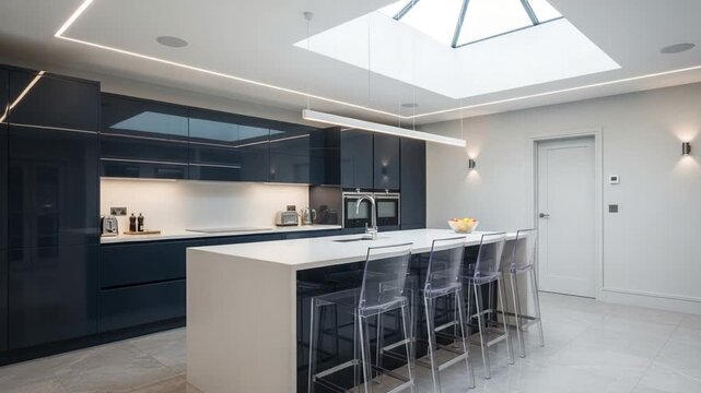 Modern kitchen interior with dark cabinets and white island bar in contemporary home