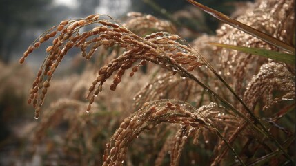 Close-Up of Golden Rice Grains with Water Droplets Against a Misty Background in Agriculture Landscape During Ripening Season