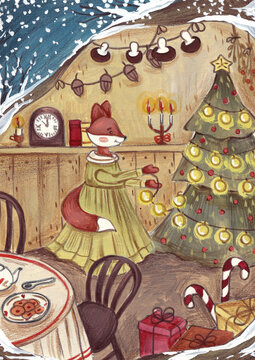 Illustration of a mouse decorating a pine tree