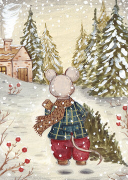 Illustration of a mouse picking up a pine tree
