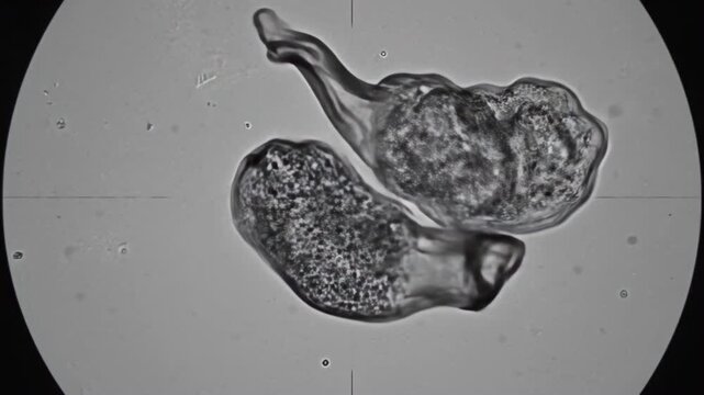 Microscopic view of two amoeba microscope organisms interacting, showing pseudopods extending and merging in a fascinating biological process, scientific research and study of single-celled life