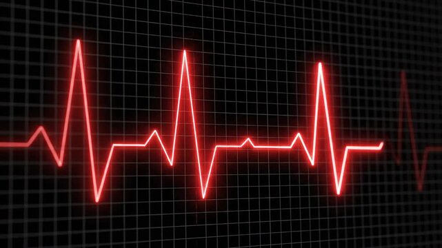 Glowing Red Heartbeat Line on a Dark Grid Background Showing Medical Vital Signs