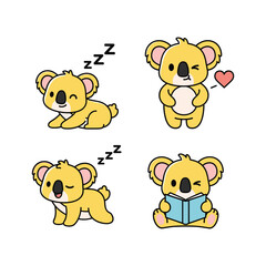 Naklejka premium Cute cartoon koala set sleeping reading and hugging on white background