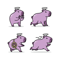 Fototapeta premium Cartoon capybara character in different poses with halo and peace sign