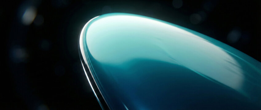 Close up of a shiny blue surfboard edge glowing in the dark with a black background and bokeh lights