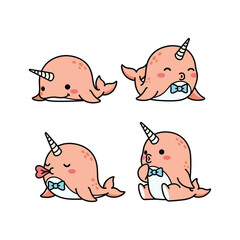 Cute cartoon narwhals showing emotions with simple design and white background © MD