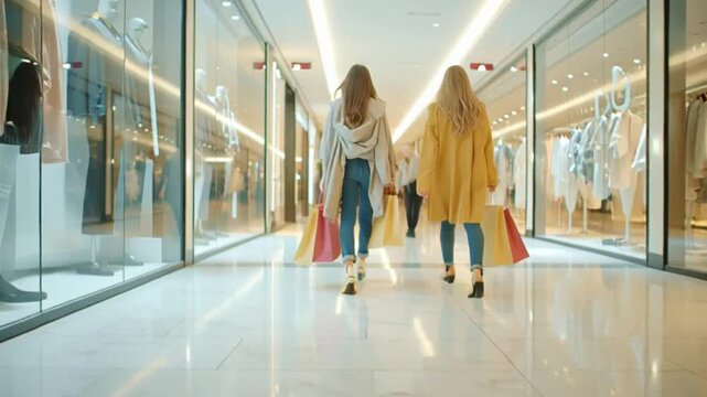 Women walking through a retail store with shopping bags, capturing modern consumer lifestyle, fashion shopping, and sale season energy in cinematic 4K ProRes footage.