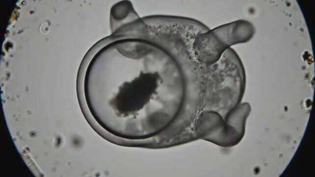 Detailed amoeba microscope view showcasing internal structures and pseudopods in motion, a fascinating glimpse into single-celled organism life and cellular biology research, highlighting microscopic