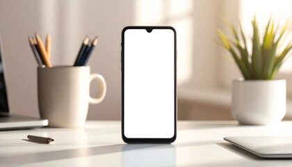 A smartphone with a blank screen sits on a desk amidst office supplies & a plant