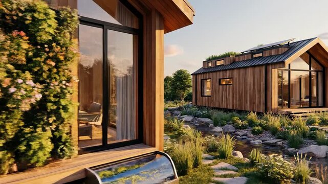 Modern Wooden Tiny Houses Nestled In Lush Greenery With A Gentle Stream At Golden Hour