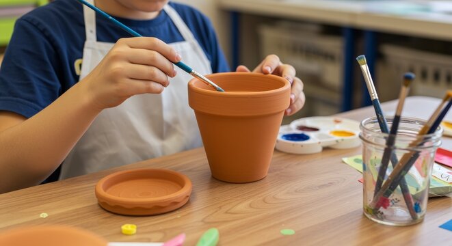 Child painting terracotta flower pot at table with brushes and bright paints in cozy indoor light