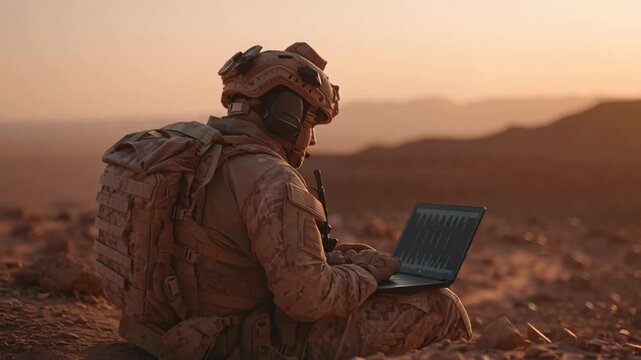 Military specialist coordinating communication with laptop and radio in a desert landscape, symbolizing strategy, technology, and operational readiness in cinematic 4K footage.